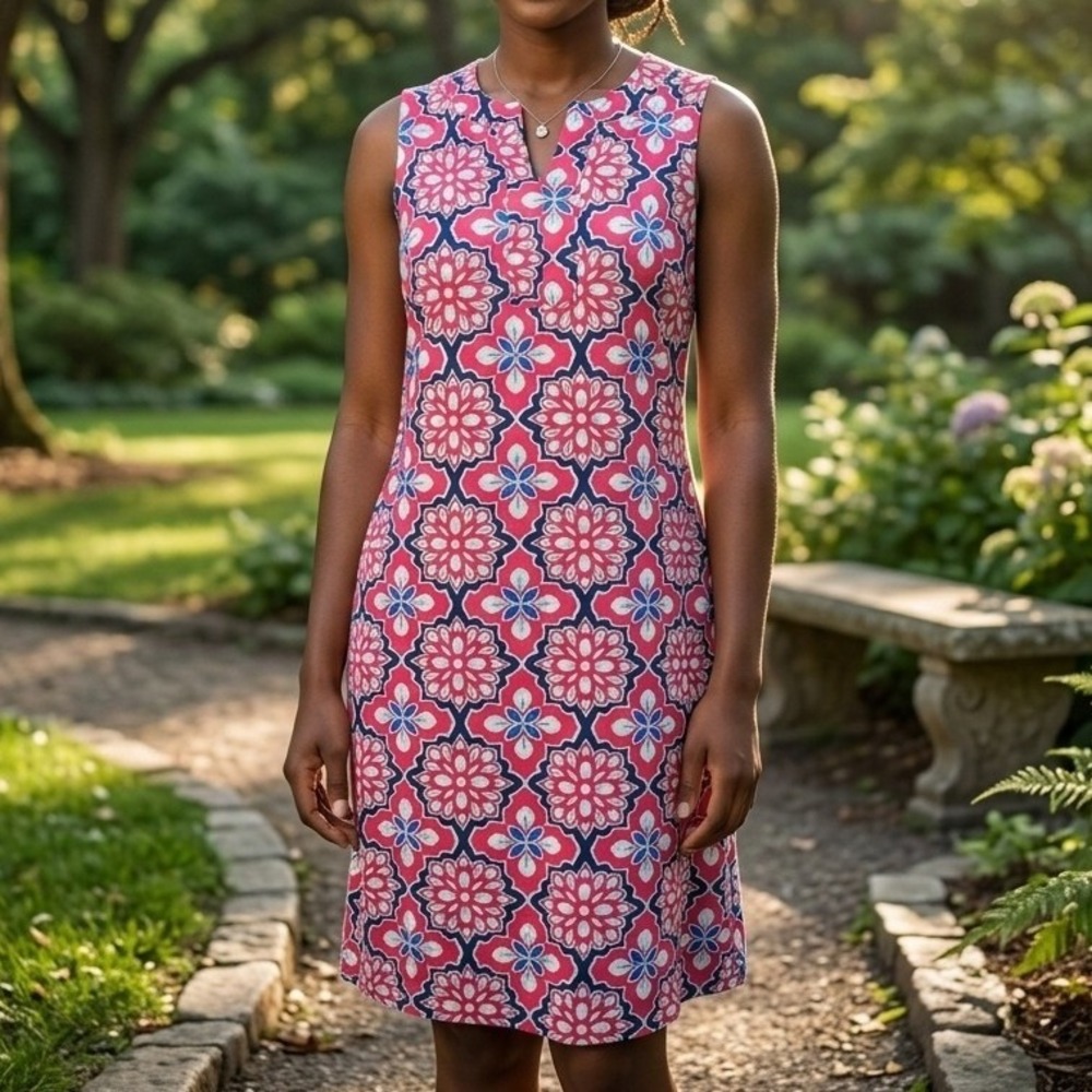 Sunsets & Sweet Tea Women's Red Navy Geometric Floral Split Neck‎ Shift Dress S